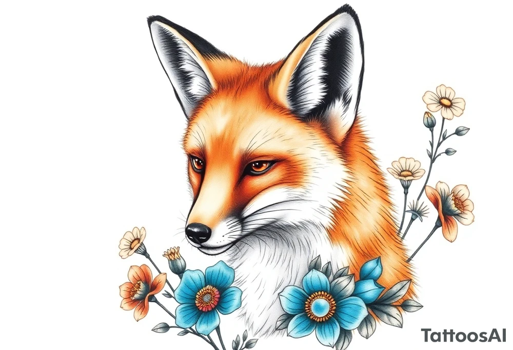 adult fox with blue jewelry smelling wild flowers tattoo idea