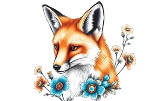 adult fox with blue jewelry smelling wild flowers tattoo idea