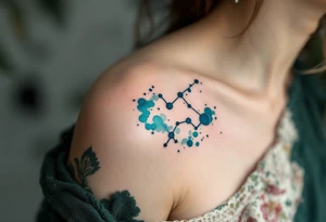 A dark blue Virgo constellation floats above the zodiac symbol carved in moss green near the collarbone. tattoo idea