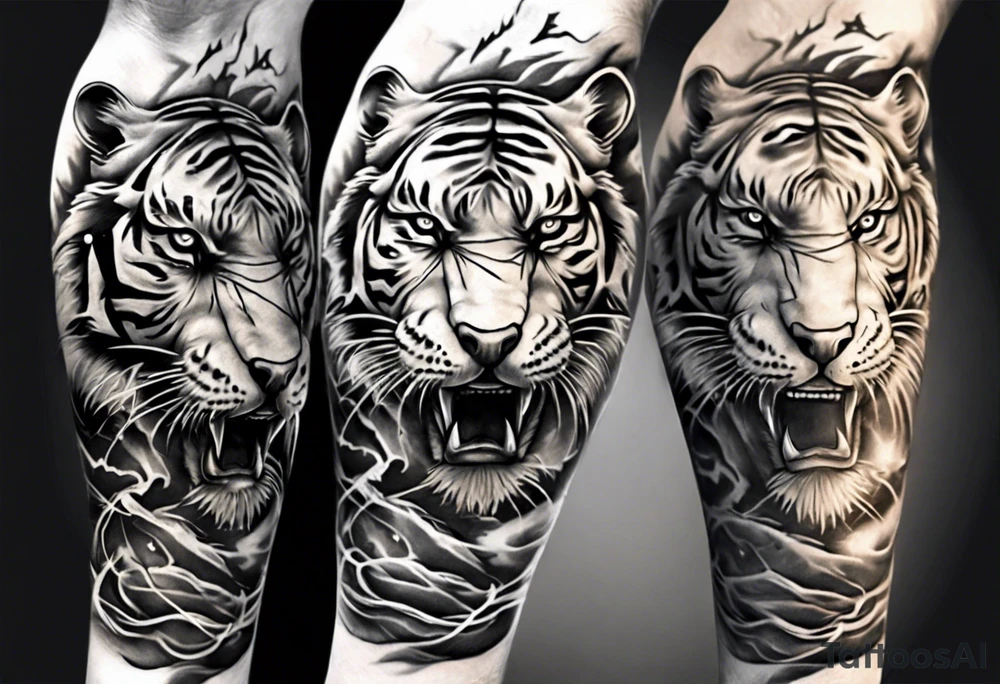 ancient Tiger with lightning and a sun for a forearm sleeve tattoo idea