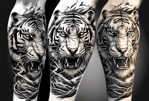 ancient Tiger with lightning and a sun for a forearm sleeve tattoo idea