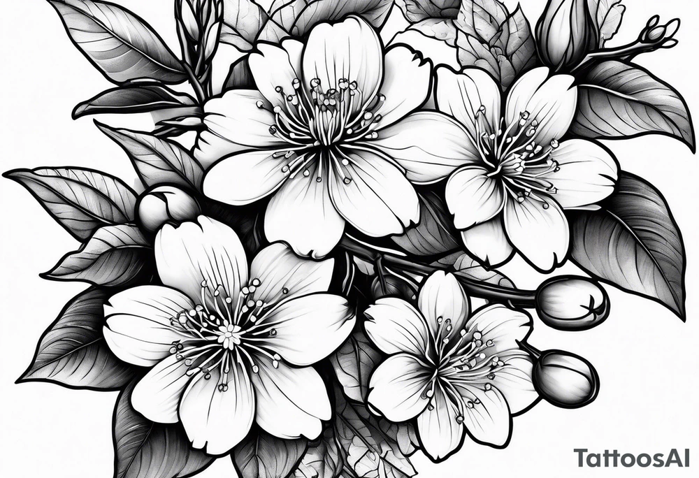 cherry blossoms with leaves and buds tattoo idea