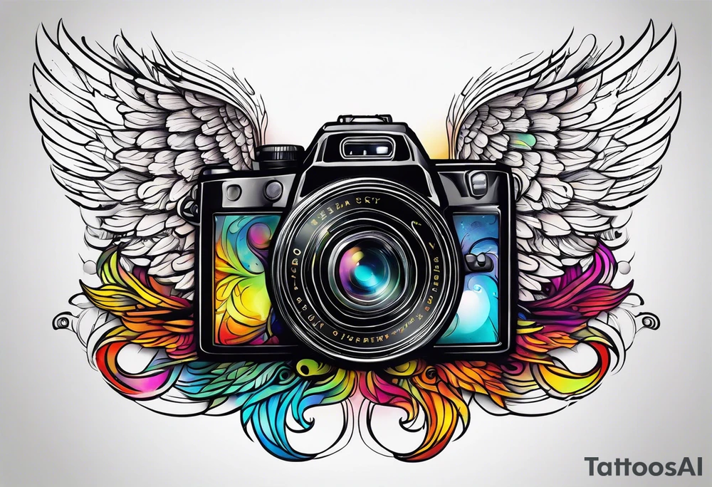 Camera with angel wings tattoo idea