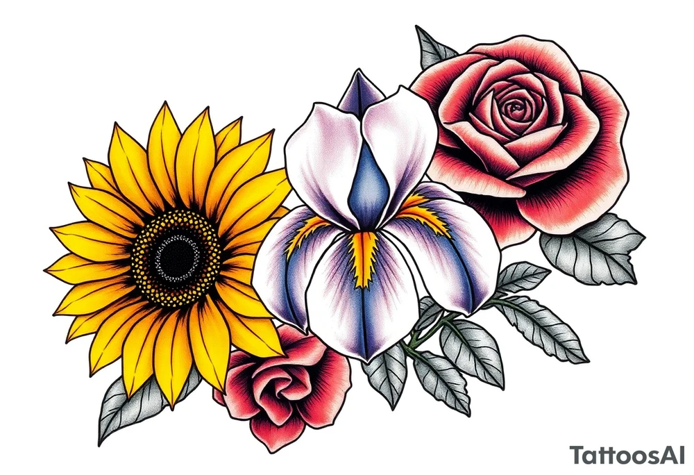 Sunflower,iris and a Rose flowers tattoo idea