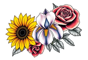 Sunflower,iris and a Rose flowers tattoo idea