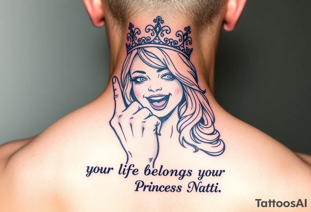 powerful blond findomme princess with crown on, holding up her middle finger laughing at you for being pathetic with caption “your life belongs to Princess Natti” tattoo idea