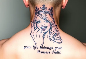 powerful blond findomme princess with crown on, holding up her middle finger laughing at you for being pathetic with caption “your life belongs to Princess Natti” tattoo idea