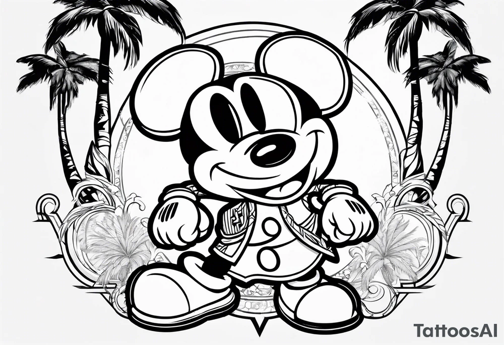 mickey mouse assassins creed character that is in the style of tron with palm trees tattoo idea