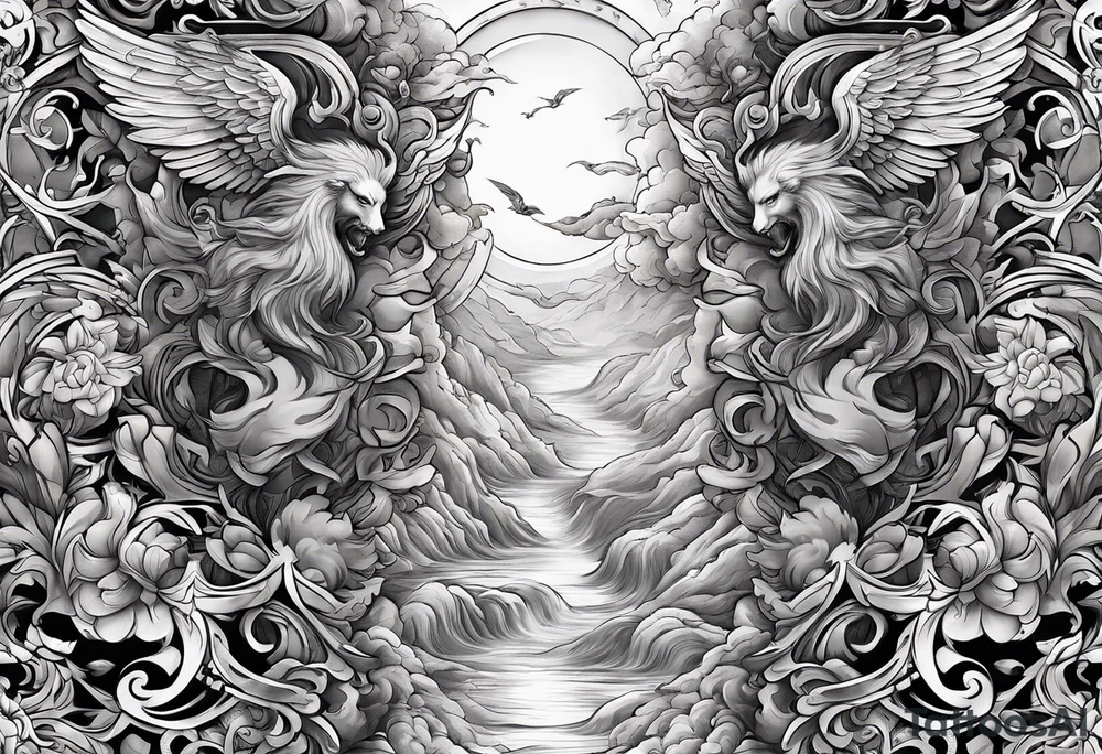heaven and hell with angels and demons arm sleeve tattoo idea