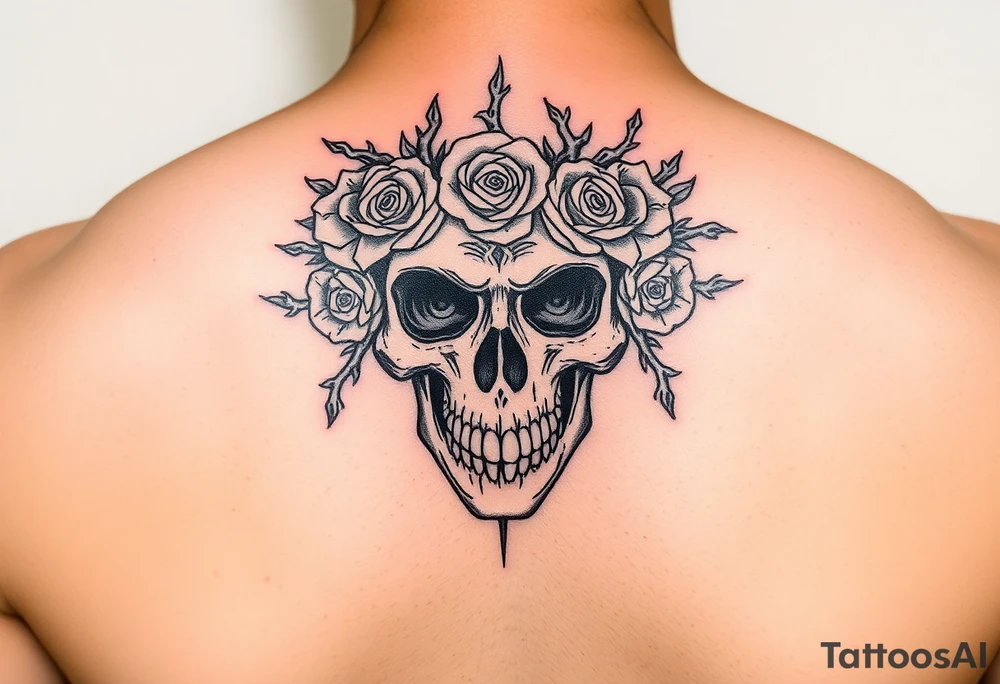 ornate skull adorned with crown of wild roses and thorns tattoo idea