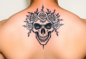 ornate skull adorned with crown of wild roses and thorns tattoo idea