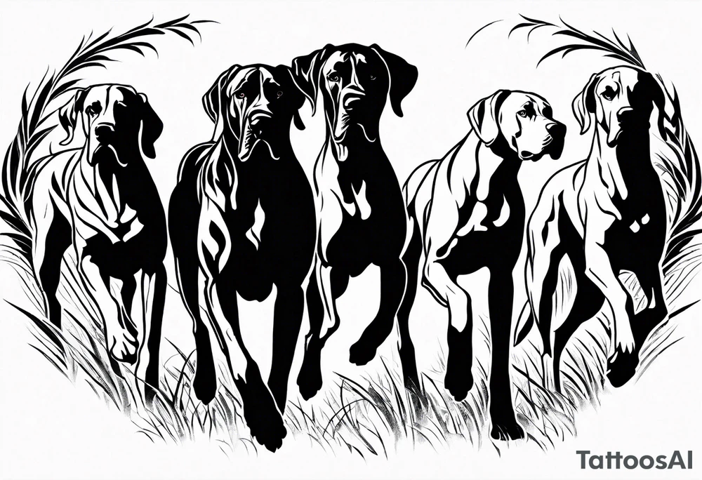 full arm sleeve on guy with (4) Four Great Dane floppy ear dogs running together in the field tattoo idea