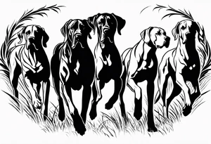 full arm sleeve on guy with (4) Four Great Dane floppy ear dogs running together in the field tattoo idea
