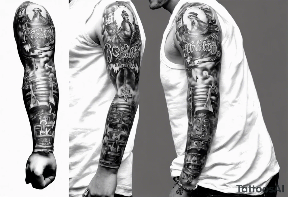 men’s arm sleeve, rosary, the name Peters, 1997, cross tattoo idea