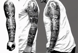 men’s arm sleeve, rosary, the name Peters, 1997, cross tattoo idea