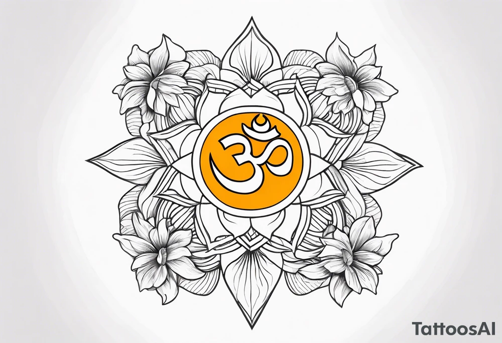 AUM symbol, one flying 
sparrow, sunrays, staircase, cosmos, iris, daisy tattoo idea