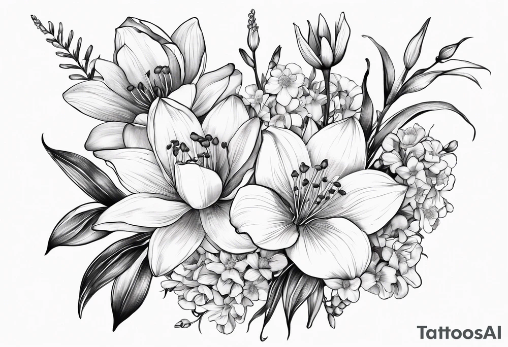A bouquet of flowers with a water lily, gladiolus, poppy, lily of the valley, daffodil, and a honey suckle with long stems tattoo idea
