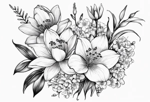 A bouquet of flowers with a water lily, gladiolus, poppy, lily of the valley, daffodil, and a honey suckle with long stems tattoo idea