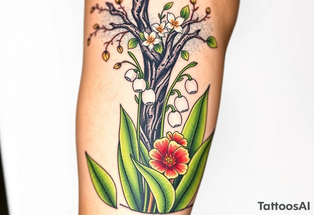 Small White lily in the valley bells growing next to other different colored lilie plants planted 
Under a blooming hawthorn tree tattoo idea