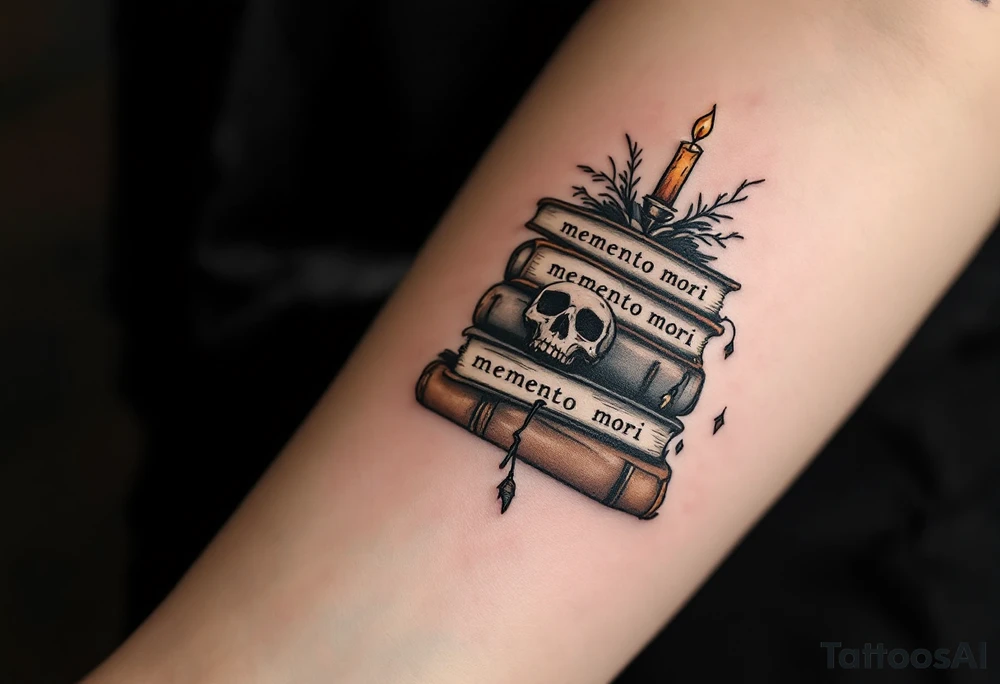 A pile of old books in dusty browns and grays, topped with a candle and skull, "memento mori" inked across the spines. tattoo idea