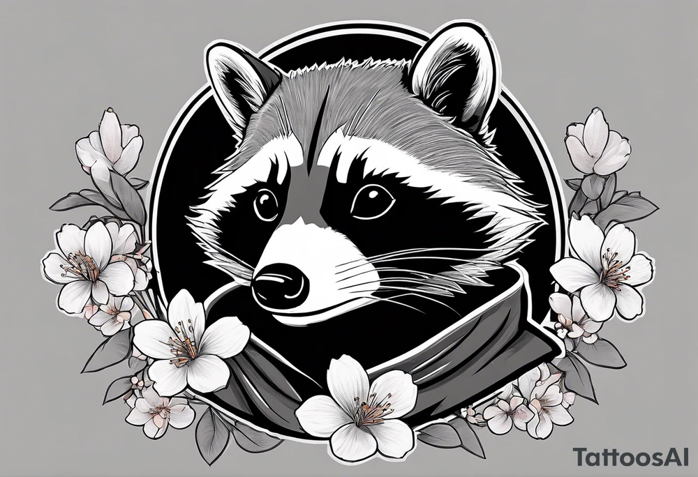 Raccoon wearing a white Superman logo on a black hoodie and orange Japanese cherry blossoms beside tattoo idea