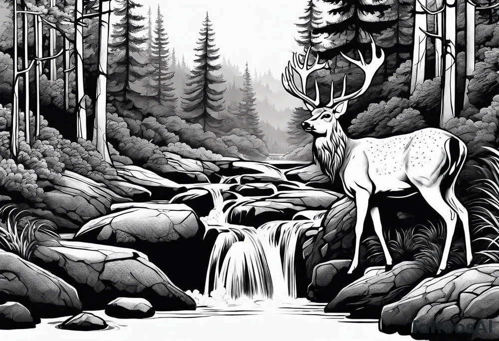 Water fall in a forest with a deer tattoo idea