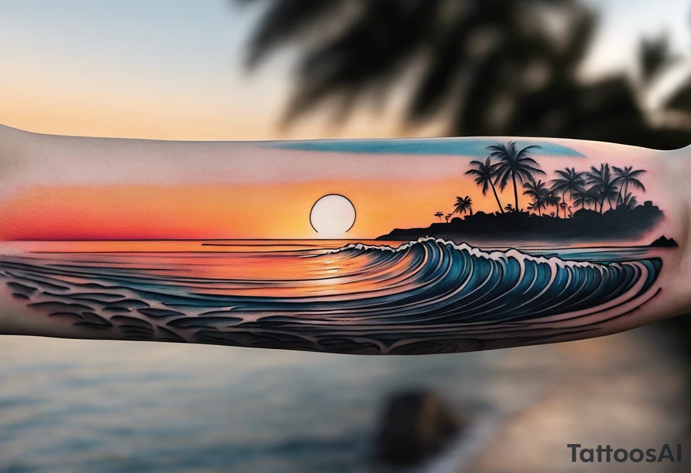 This is an extremely simple and minimalistic tattoo on forearm from the perspective of being on the ocean at sunset. Water is calm, with no waves, the sun is setting behind the ocean, reflecting light onto the ocean. tattoo idea