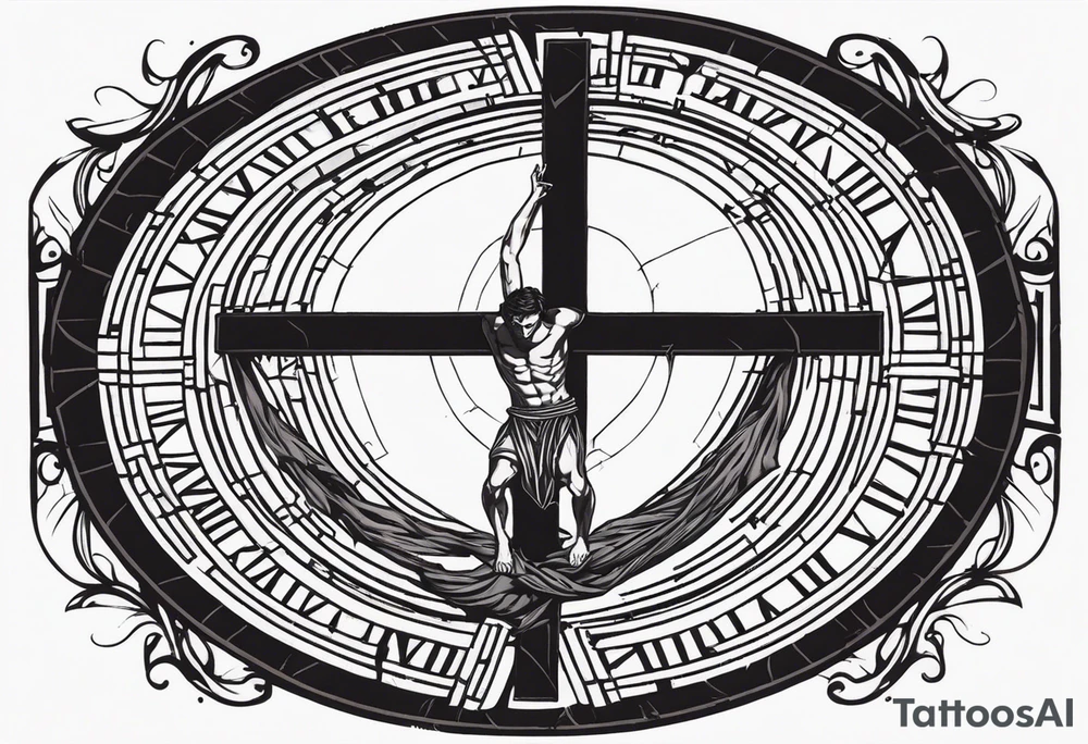 Crucified man inside a circle of Roman numerals with roman numerals on it tattoo idea