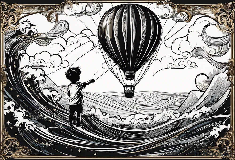 little boy holding a string to the earth shaped baloon.
boy should be drawed from behinfd anhas one hand reaching up in 45 degree angle and holding the baloon string
the string has a big wave in like a hearbeat pulse on it.
baloon is in the shape of the hearth tattoo idea