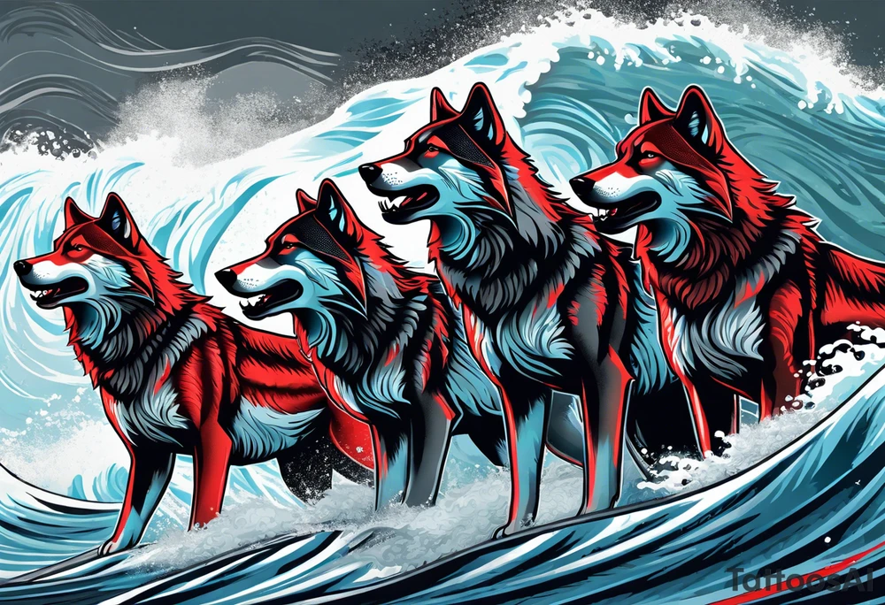 a pack of 3 howling muscular  gray wolves surfing waves with a linear background with red, white and black and gray tattoo idea