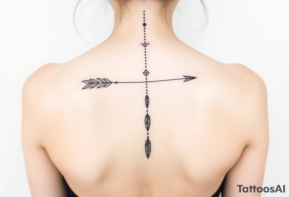 Thin spinal tattoo following down the spine in a native style with multiple different lengths flowing lines made of a discreet connection of morse code ".--- .- --.     .-.. ... -.- .- .-.   -.. .. --.     .-.. .. .-.. .-.. . -... .-. --- .-. forming an arrow connected to flowing feathers hanging from the morse code lines tattoo idea