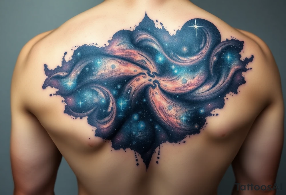 Beautiful and epic 3d milky way that appears to be what is beneath the skin. Make it drape over the shoulder and move to the middle back. use negative spaces to create stars and dust. Incorporate God breathing life into the universe. Keep it symmetrical tattoo idea