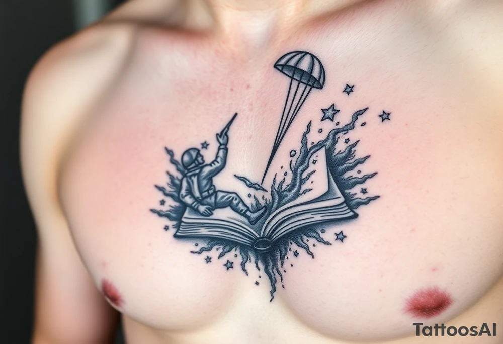 A parachuting soldier falling into an open book. Chaos surrounding, but the book is protecting the soldier from it. On the chest. Make the tattoo smaller. Make it thought provoking. Make the chaos in the environment be an eerie mist. Make the pages in the book be blank. Just one soldier, no other characters. the book is old. tattoo idea