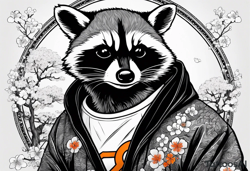 raccoon wearing a Superman hoodie with orange Japanese cherry blossoms tattoo idea