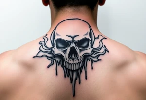 Graffiti type skull with markers dripping ink writing a tag that says on tick behind the skull with smoke that says ontick tattoo idea