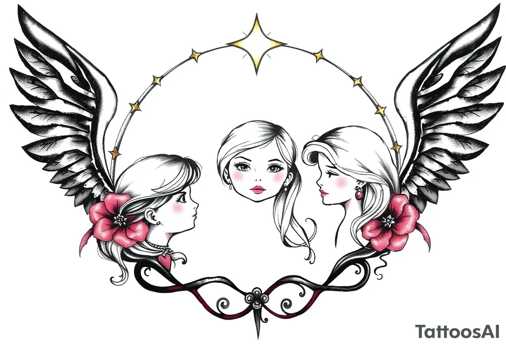 3 petites filles ( une cheveux noir et deux blondes)
sous un arc en ciel pas complet tattoo idea