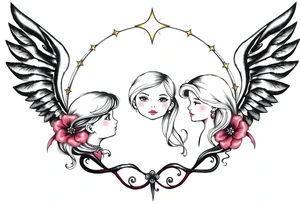 3 petites filles ( une cheveux noir et deux blondes)
sous un arc en ciel pas complet tattoo idea