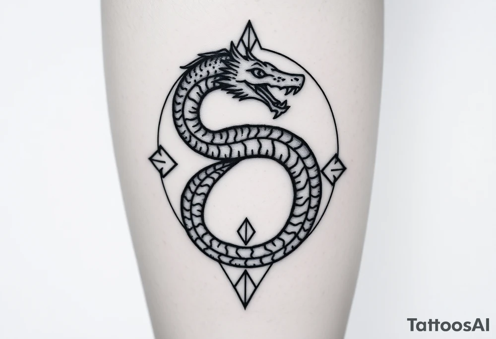 Ouroborous or dragon/serpent/snake eating its own tail in a figure 8 in negative space with geometric patterns on a leg tattoo design tattoo idea