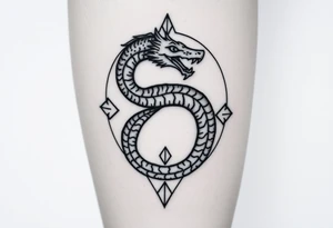 Ouroborous or dragon/serpent/snake eating its own tail in a figure 8 in negative space with geometric patterns on a leg tattoo design tattoo idea