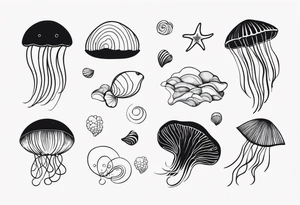 Ocean/waves, with/jellyfish/starfish/shells, for woman’s wrist tattoo idea