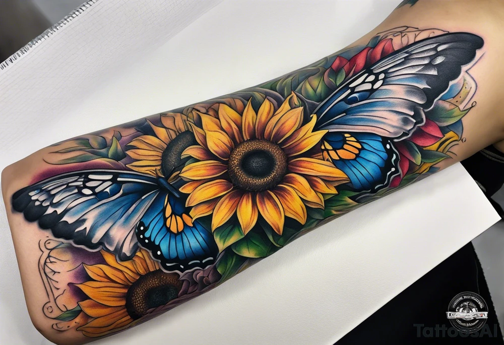 arm sleeve with winged cross, rainbow sunflowers and butterflies tattoo idea