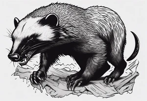 Angry, snarling, detailed honey badger facing in front tattoo idea