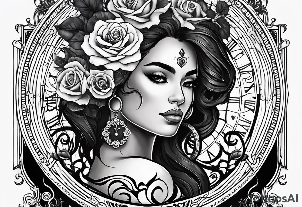 Hispanic/ Latin  woman GODDESS with half skull face, roses, loving heART, strength to move forward cancer zodiac , small clock on face tattoo idea