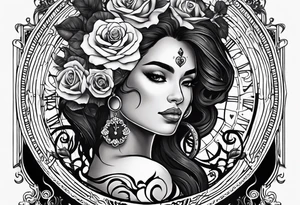 Hispanic/ Latin  woman GODDESS with half skull face, roses, loving heART, strength to move forward cancer zodiac , small clock on face tattoo idea
