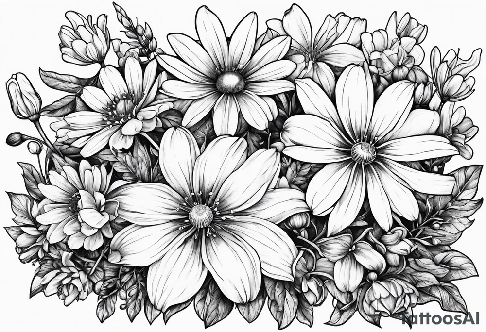 Honeysuckle,3 daisys,cosmos,and snowdrop tattoo idea
