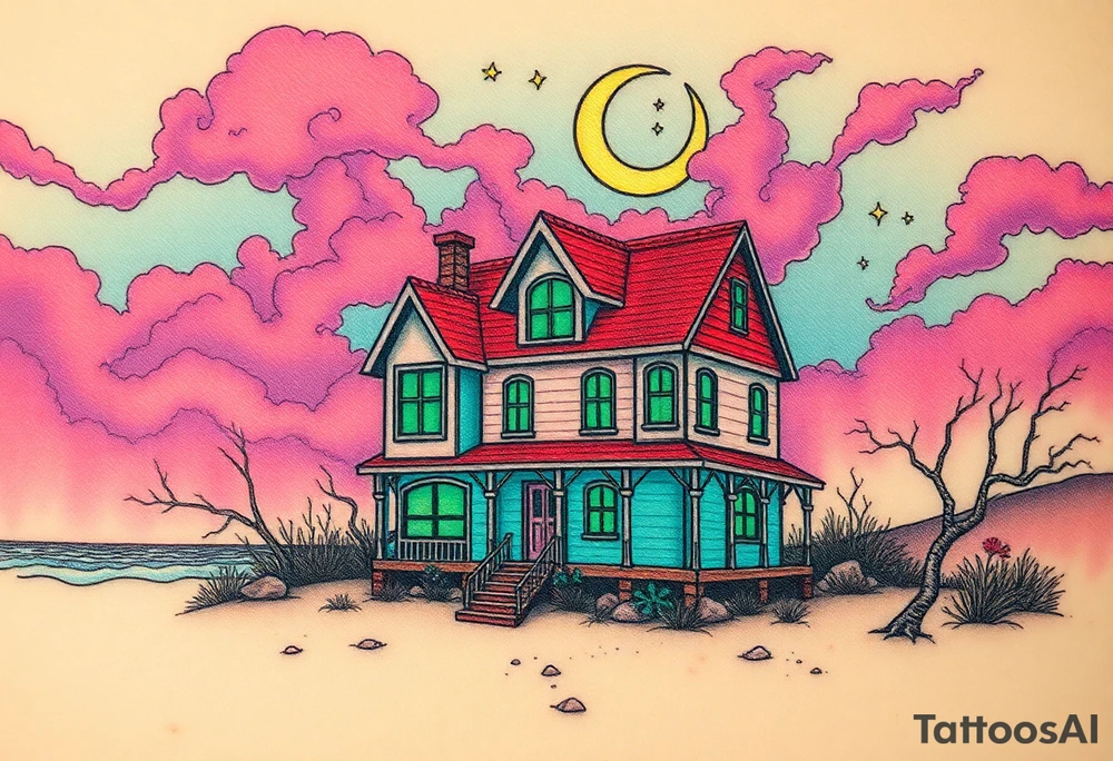 Tim Burton’s haunted pastel beach home is abandoned and dripping with muted reds, dusty pinks, and eerie green glow.purple and cyan smokey clouds swirl in the crescent moonlit sky thats sprinkled with stars tattoo idea tattoo idea