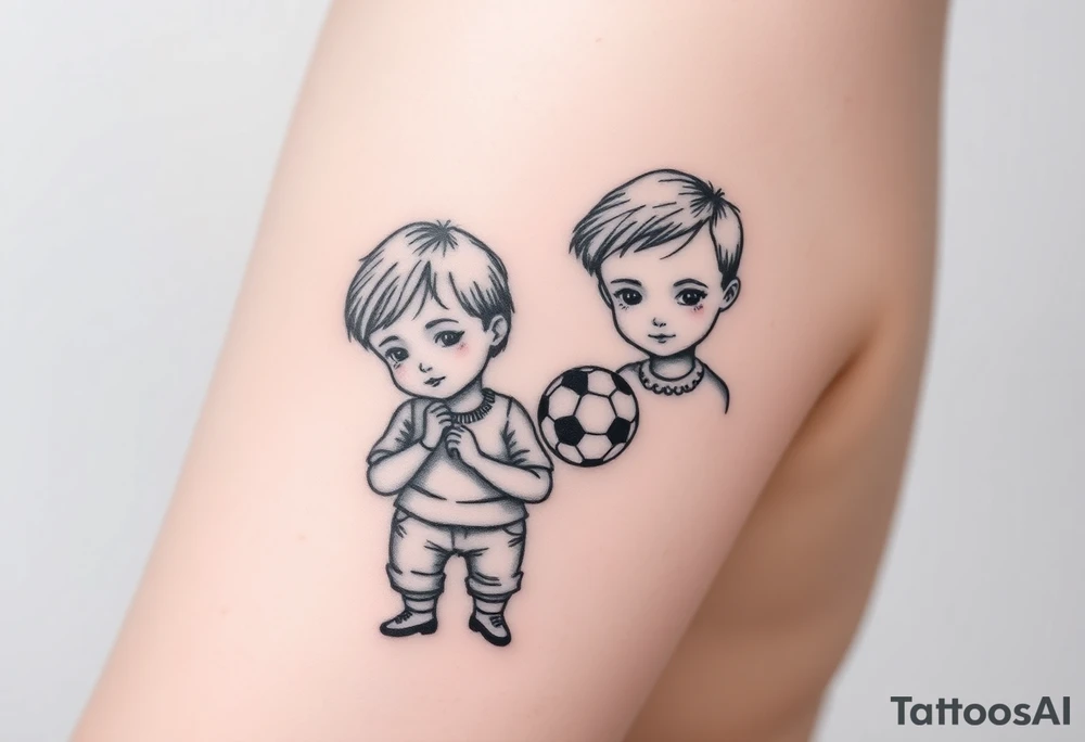 two small boys with a small train toy and a small football toy. tattoo idea