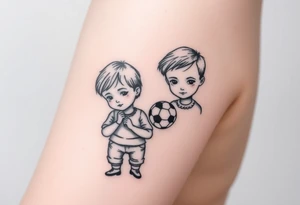 two small boys with a small train toy and a small football toy. tattoo idea