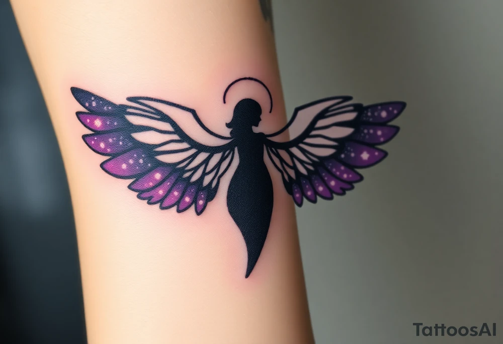 A dark angel figure with starry wings, the edges of the wings have galaxies within them, deep black and purple hues glowing with specks of white. tattoo idea