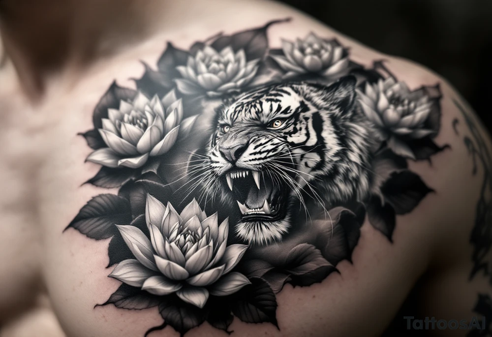 fierce tiger emerging through blooming lotus flowers in mist tattoo idea